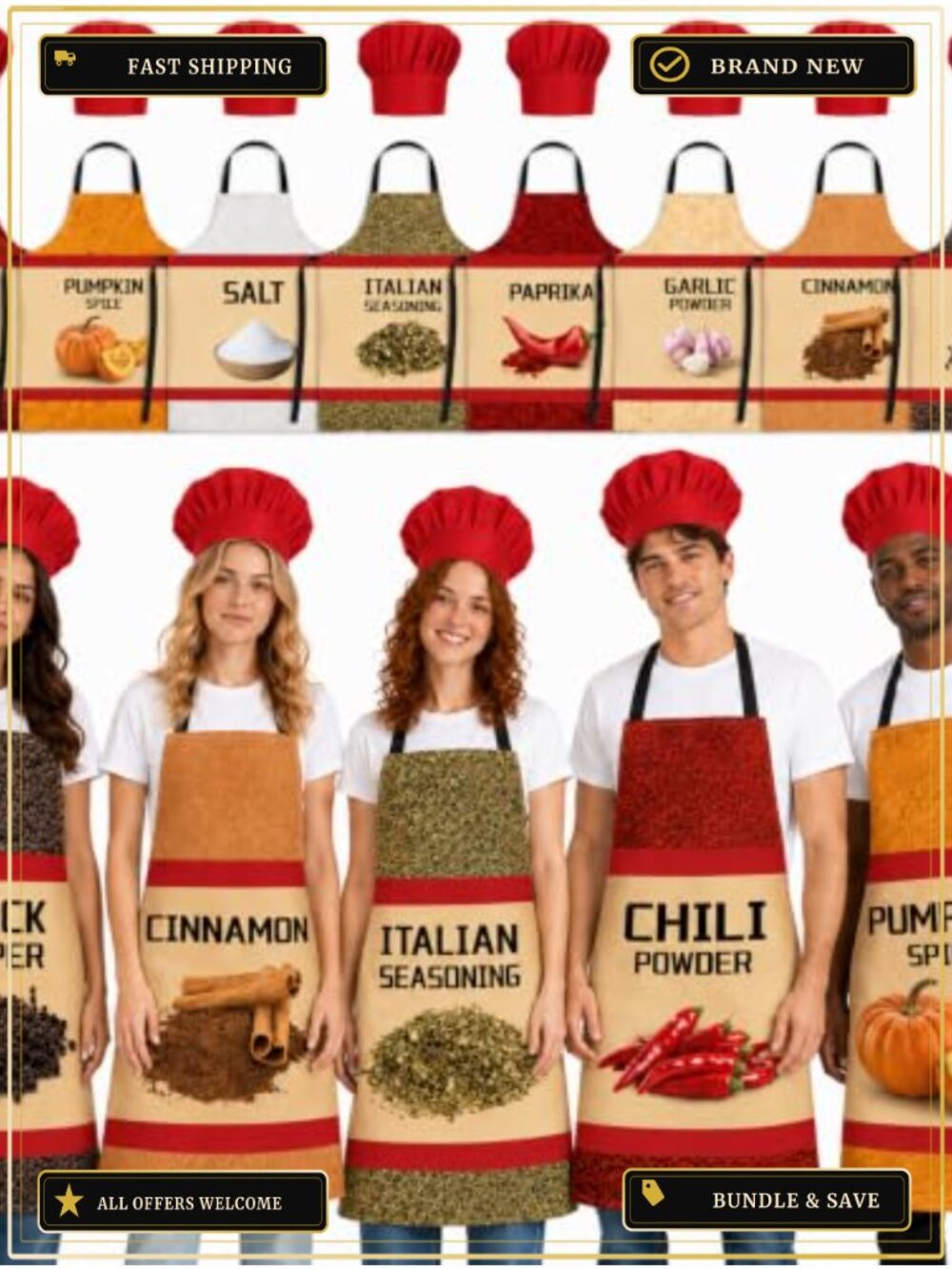 16 Pc Halloween Spice Group Costume Set 8 Aprons & Red Chef Hats Adult